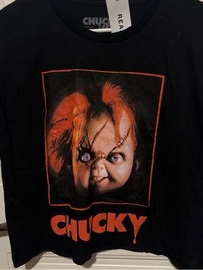 Reason Black Chucky Graphic Crop Top with Orange Print